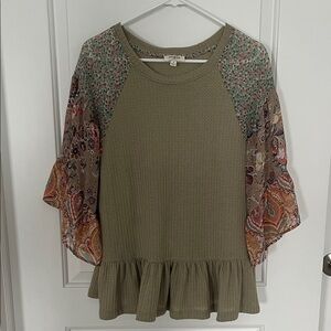 Umgee Olive Green Blouse with Floral Sleeves